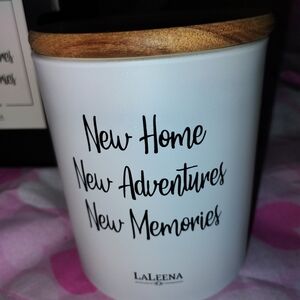 White Ceramic Candle with Wood Lid - New Home Script 15 oz Soy Ocean Breeze